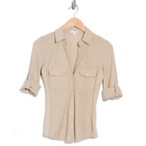 James Perse Cotton V-Neck Button-Up Shirt | Toast | Size 1 (Small) New!